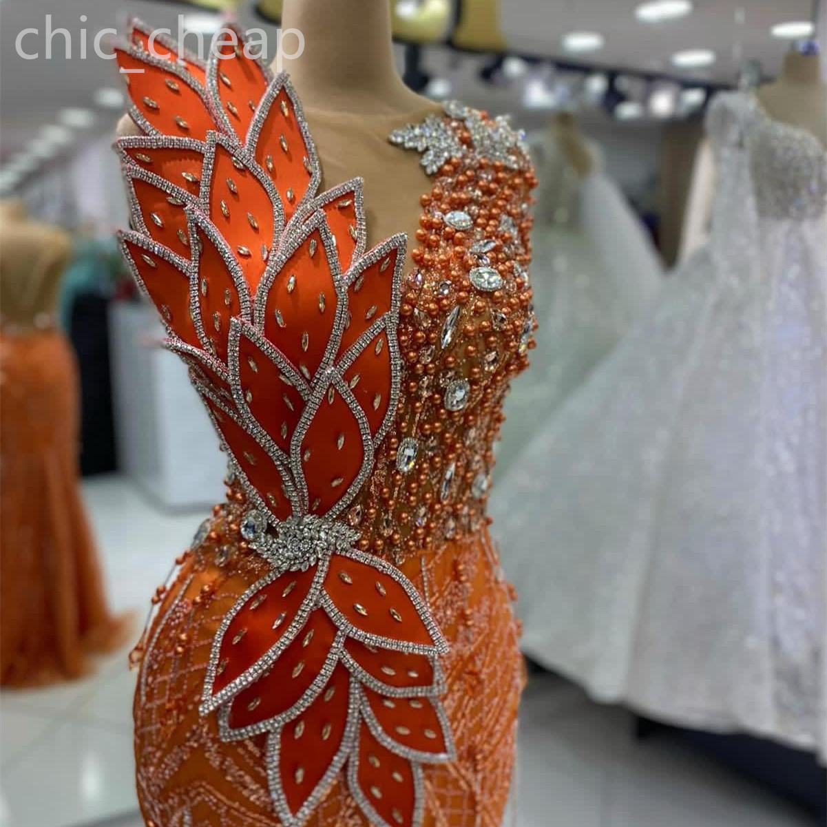 2024 Aso Ebi Orange Mermaid Prom Dress Pearls Crystals Sheer Neck Evening Formal Party Second Reception Birthday Engagement Gowns Dresses Robe De Soir