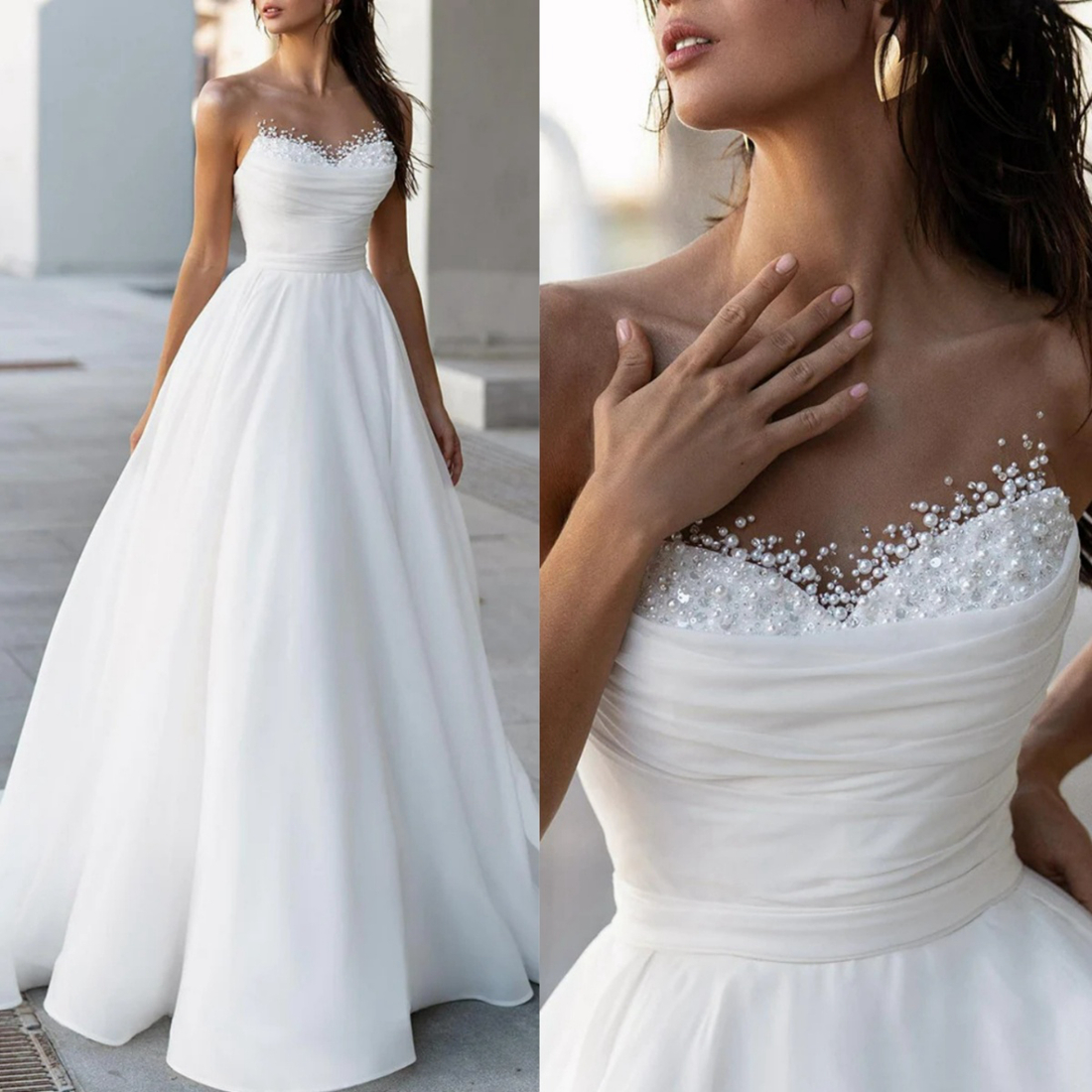 A- e Wedding Dresses Sheer Neck Tiered Organza Beaded Pearls Draped Bridal Dress Bride Sweep Train Marriage for African Arabic Black Women D130