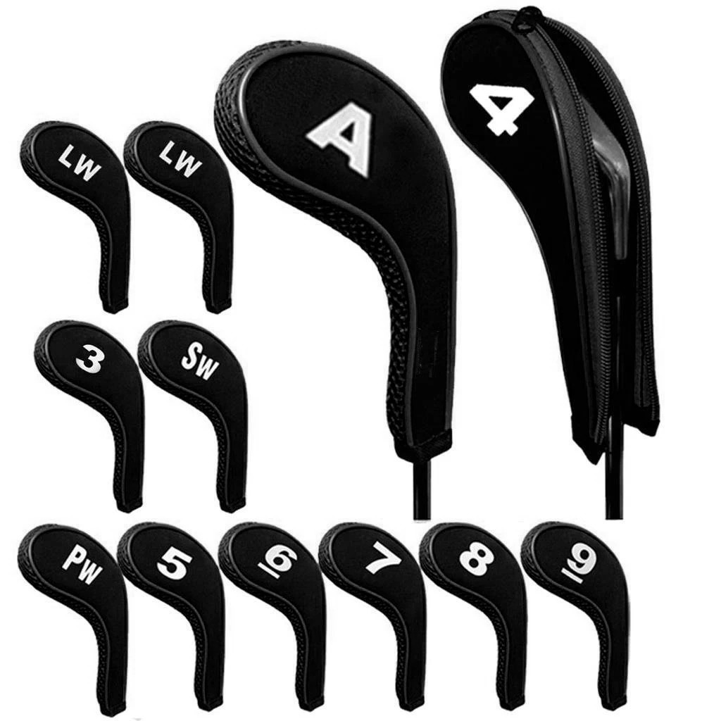 High Quality 12Pcs Rubber Neoprene Golf Head Cover Club Iron Putter Protect Set Number Printed with Zipper Long Neck 240122