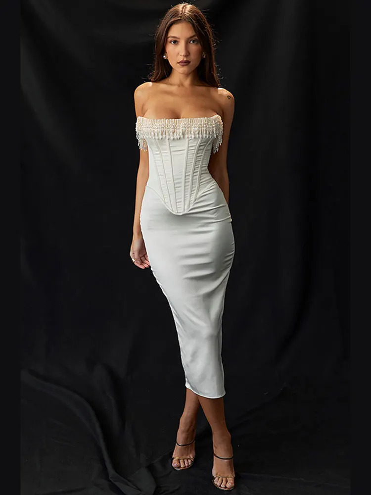 Elegant Backless Tassels Dress For Women Fashion Sleeveless Strapless Slim Fit Dresses Female Holiday Evening Party Robes 240124