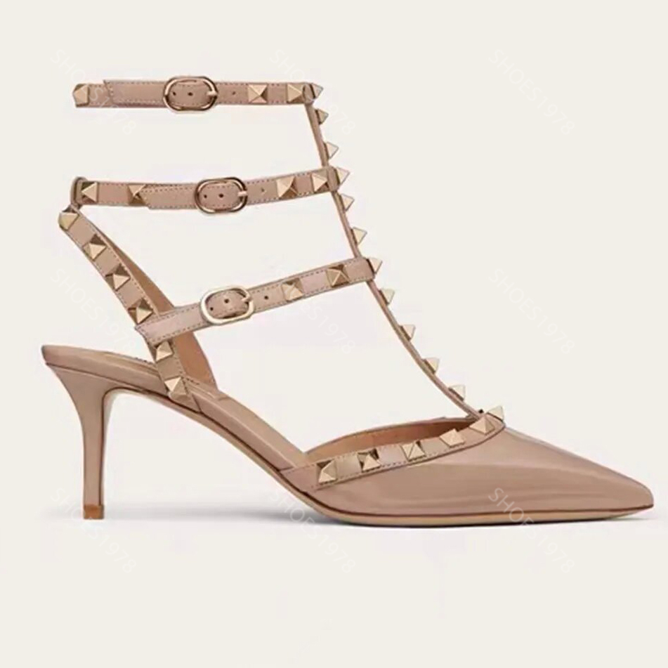 Designers Sandals Dress Shoes woman heels top quality Leather Patchwork 6.5CM kitten heel Ankle Wrap womens Roman Sandal 35-42 with box