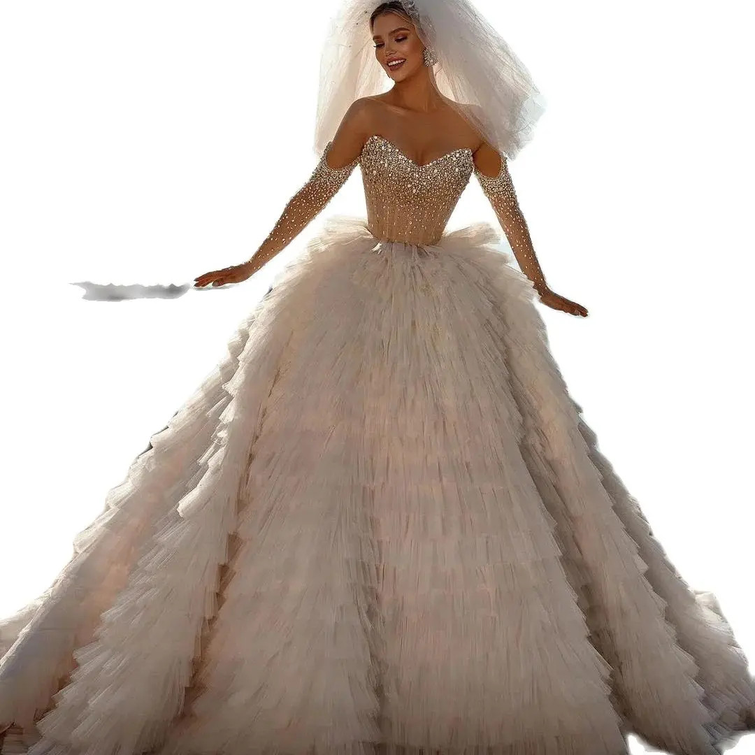 Vintage V Neck Wedding Dresses Ball Gown Glamorous Beading Puffy Ruffles Tiered Vestido De Noiva Custom Made Bridal Dress