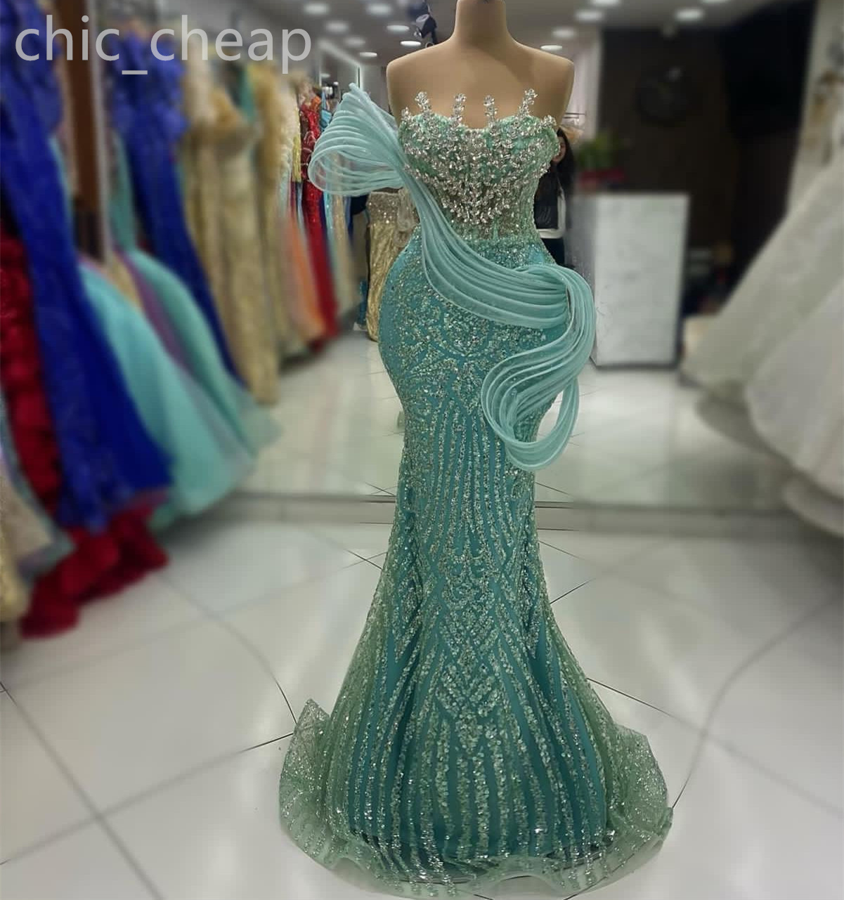 2024 Aso Ebi Sage Mermaid Prom Dress Sequined Lacefull Crystals Evening Formal Party Second Reception Birthday Engagement Gowns Dresses Robe De Soiree