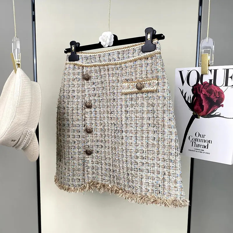 Two Piece Skirt Dress Women Suit Outfit Womens 2 Piece Outfie Long Sleeve Plaid Print Crop Tweed Jacket and Button Front Skirt 240118