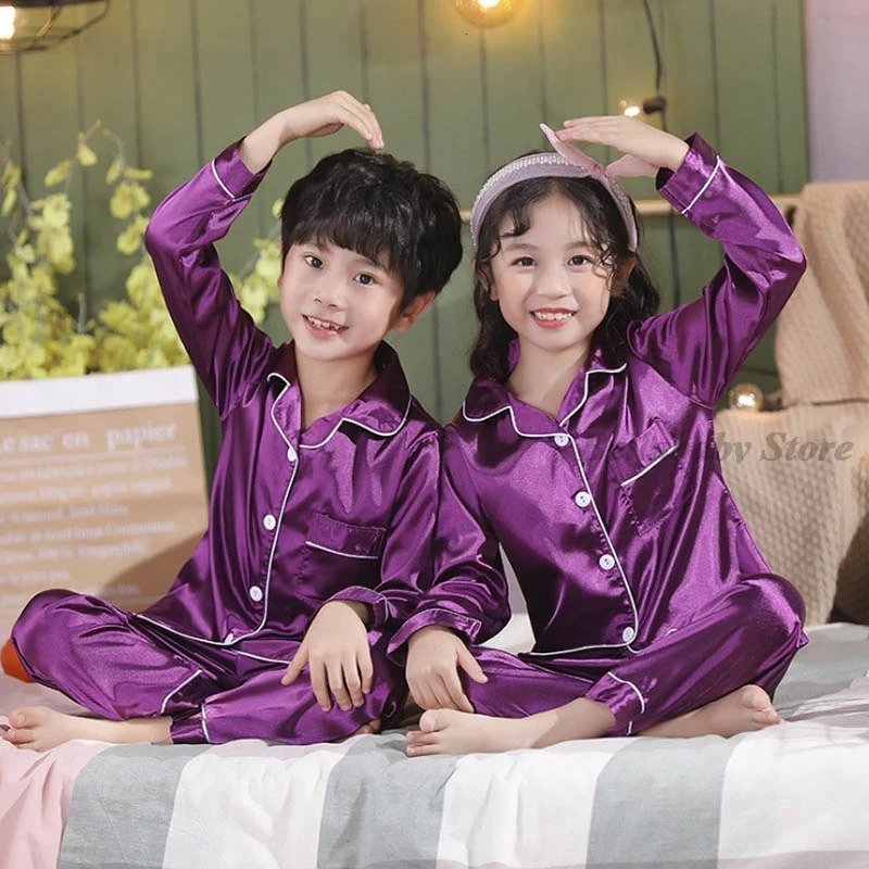 Blue Satin Silk Pajamas Sets For Teen Girls Boys Pyjamas LongShort Sleeve Top Pants Pijama Set Autumn Kids Sleepwear Child Pjs 240123