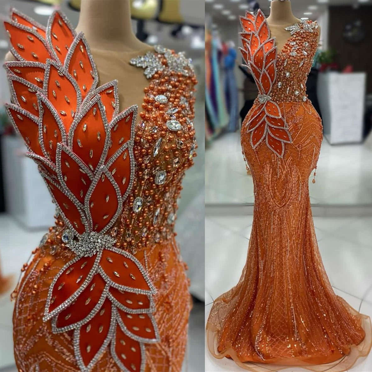 2024 Aso Ebi Orange Mermaid Prom Dress Pearls Crystals Sheer Neck Evening Formal Party Second Reception Birthday Engagement Gowns Dresses Robe De Soir