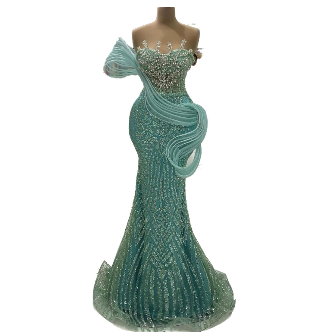 2024 Aso Ebi Sage Mermaid Prom Dress Sequined Lacefull Crystals Evening Formal Party Second Reception Birthday Engagement Gowns Dresses Robe De Soiree