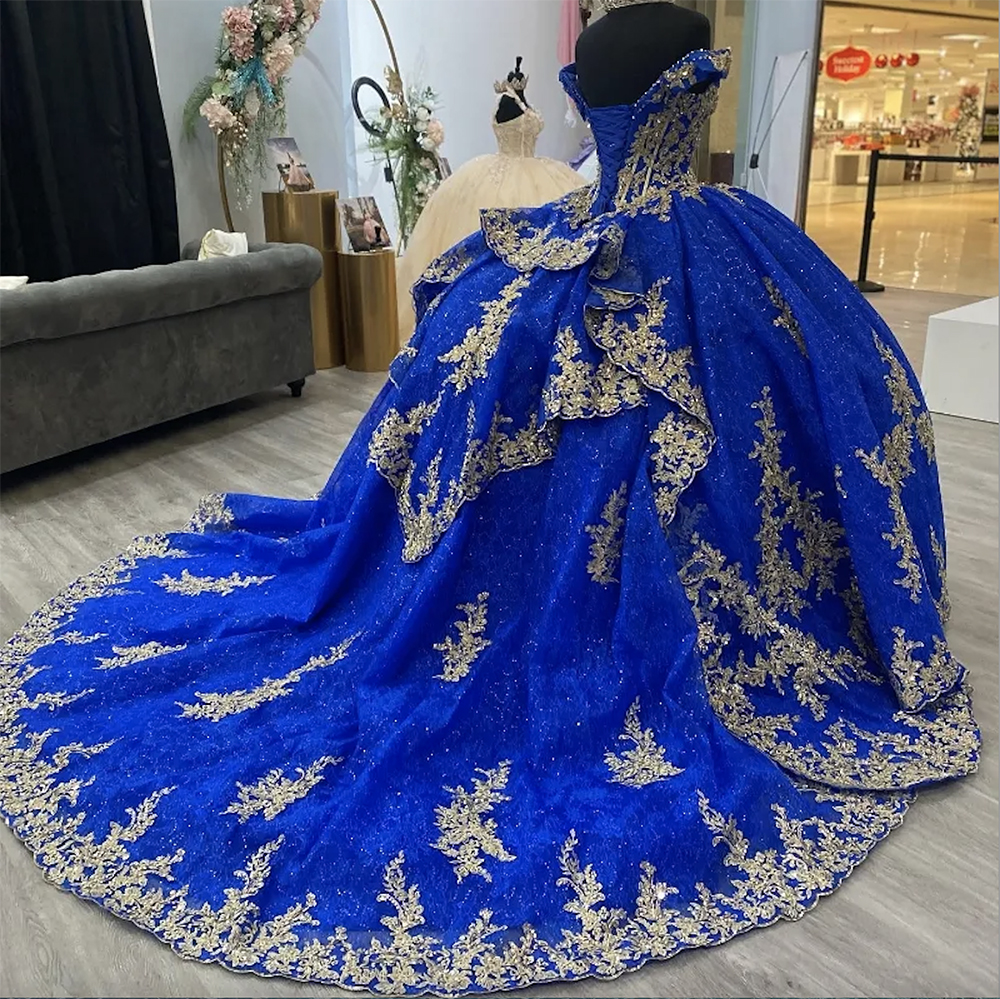 2024 Blue Shiny Quinceanera Dresses for Sweet 15 Year Sexy Off the Shoulder Puffy Ball Gown Lace Appliques Beads Princess Gowns 0509