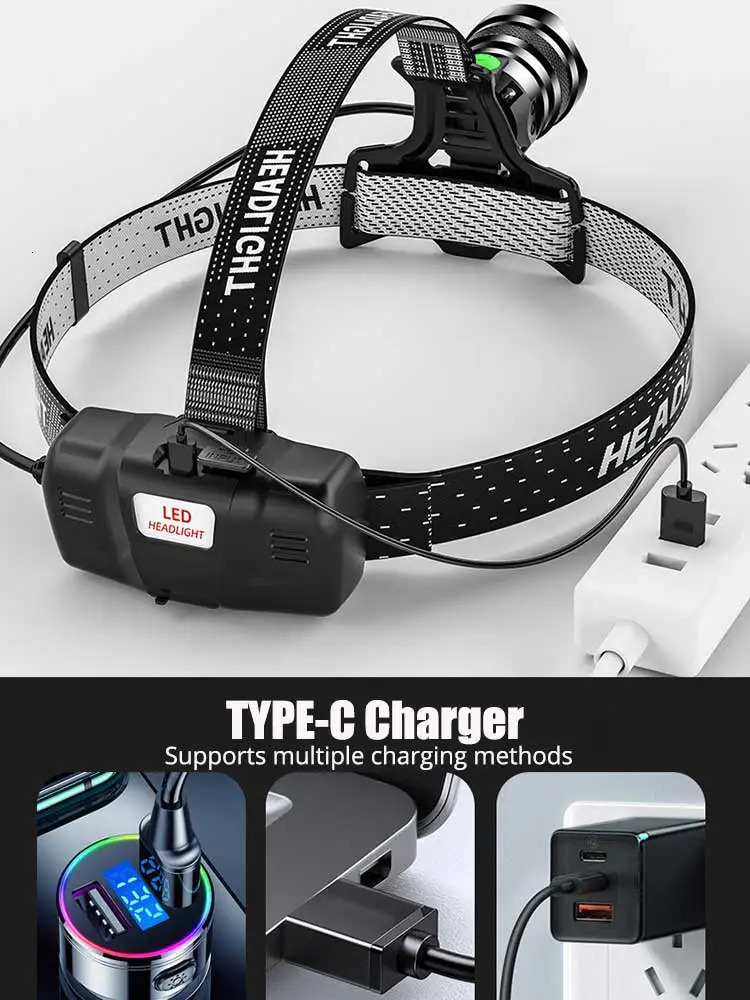 12000000 Lumens S Long Wick High Powerful Sensor Headlamp Head Torch Zoom XHP70 Headlight TYPEC Rechargeable Fishing Lantern 240127 - view 4