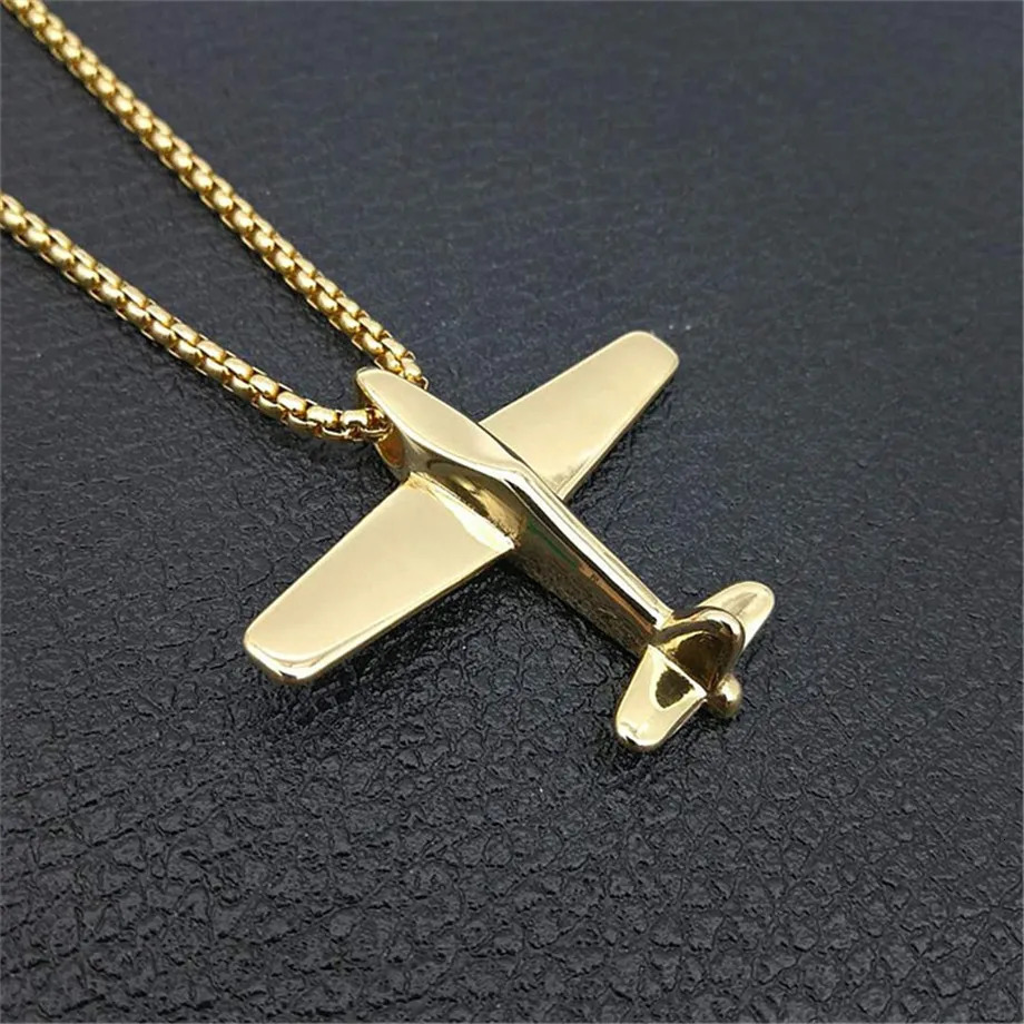 Aircraft Airplane Necklace Pendant With Stainless Steel Chains For Men Gold Color Men's Hip Hop Jewelry Gifts 240119CJ