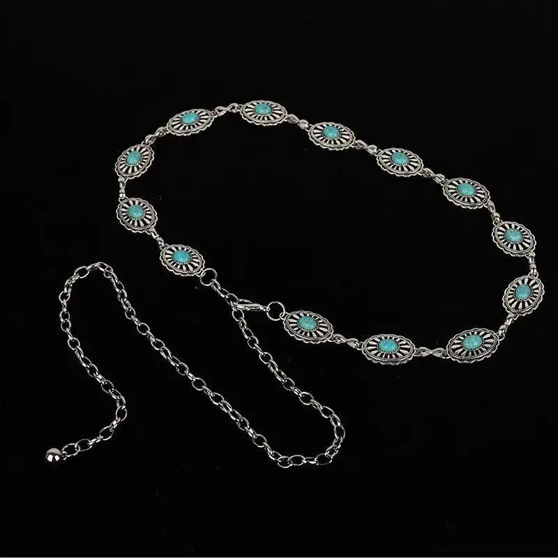 Western Concho Chain Belt For Women Girl Bohemia Silvertone Oval Link Belts Metal Waistband With Buckle For Cowgirl Dress Jeans 240119