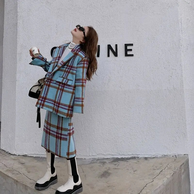 Plaid Tweed Set Casual Blazer Vintage Thicken Suits Jacket High Waist Split Skirt Tops Two Pieces Sets Women Outfits Office Wear 240124