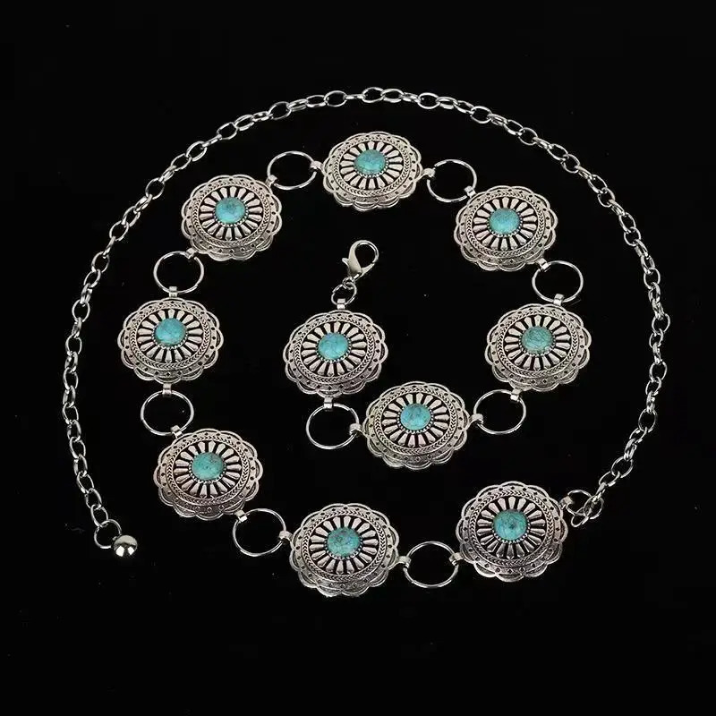 Western Concho Chain Belt For Women Girl Bohemia Silvertone Oval Link Belts Metal Waistband With Buckle For Cowgirl Dress Jeans 240119