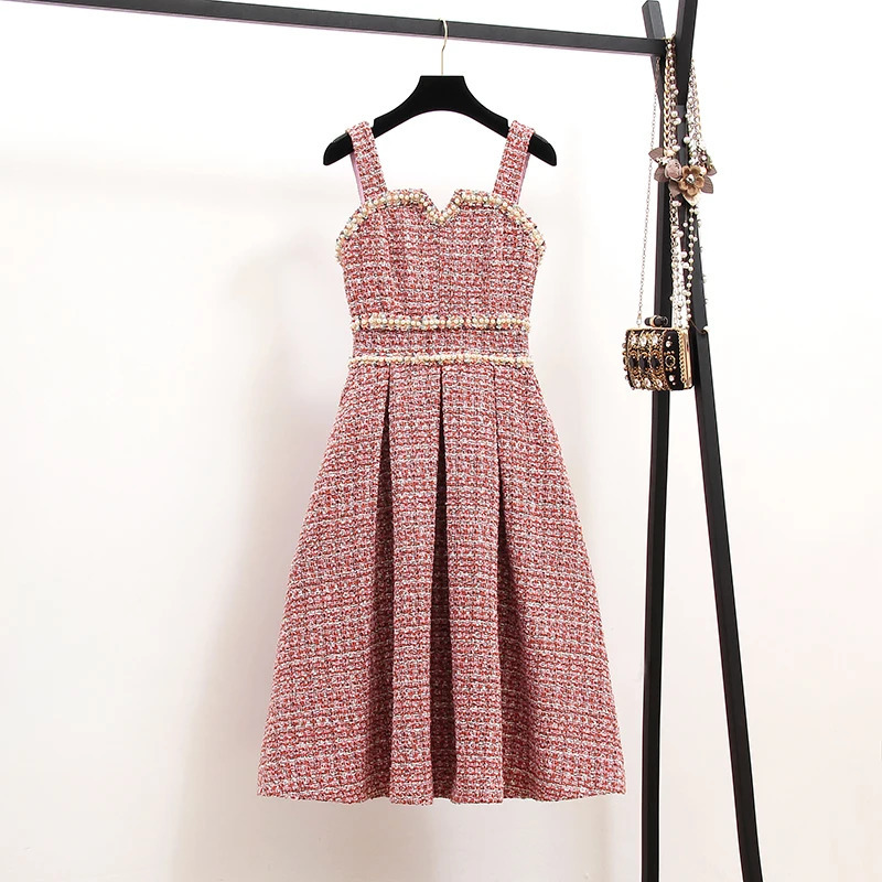Autumn High Quality Women 2 Piece Set Tweed Short Jacket CoatBeading Vest Dress Elegant Fashion Party Dresses Sets 240124