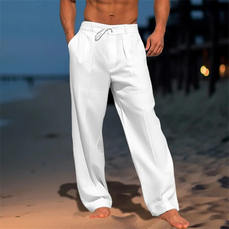 Oldyanup Men Vintage Linen Pants Spring Summer Fashion Casual Solid Color Loose Straight Trousers Holiday Beach pants 240123