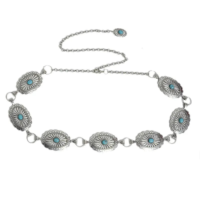 Western Concho Chain Belt For Women Girl Bohemia Silvertone Oval Link Belts Metal Waistband With Buckle For Cowgirl Dress Jeans 240119