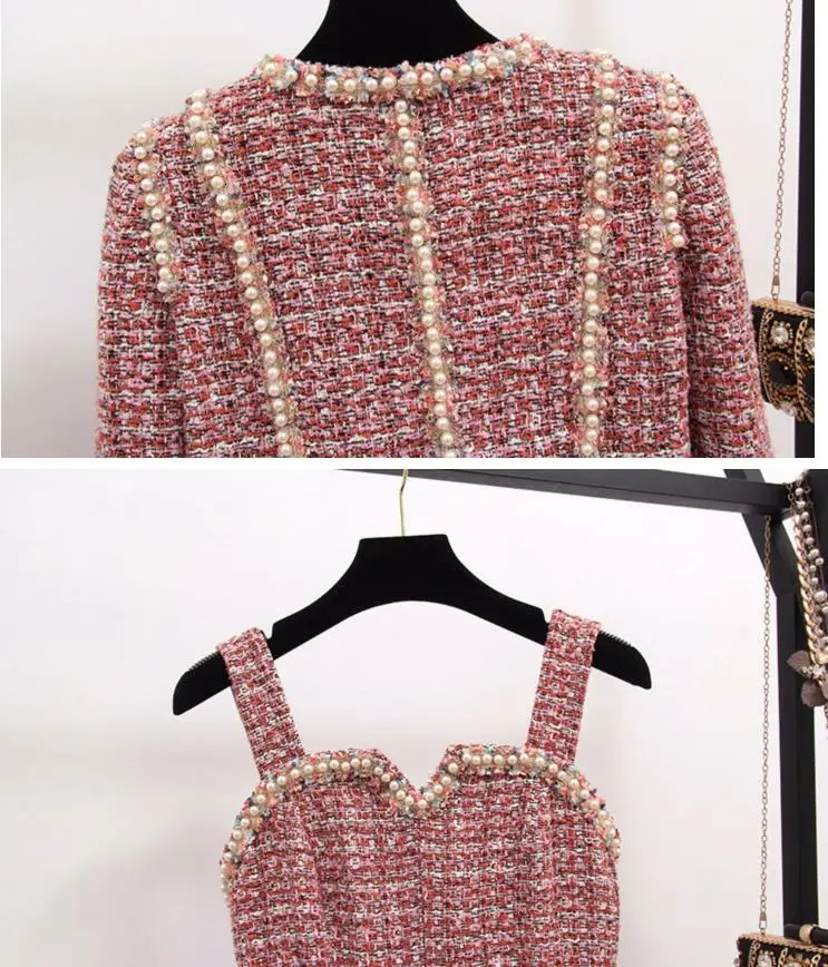 Autumn High Quality Women 2 Piece Set Tweed Short Jacket CoatBeading Vest Dress Elegant Fashion Party Dresses Sets 240124