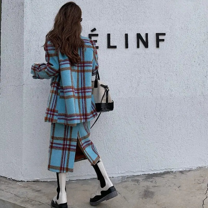 Plaid Tweed Set Casual Blazer Vintage Thicken Suits Jacket High Waist Split Skirt Tops Two Pieces Sets Women Outfits Office Wear 240124
