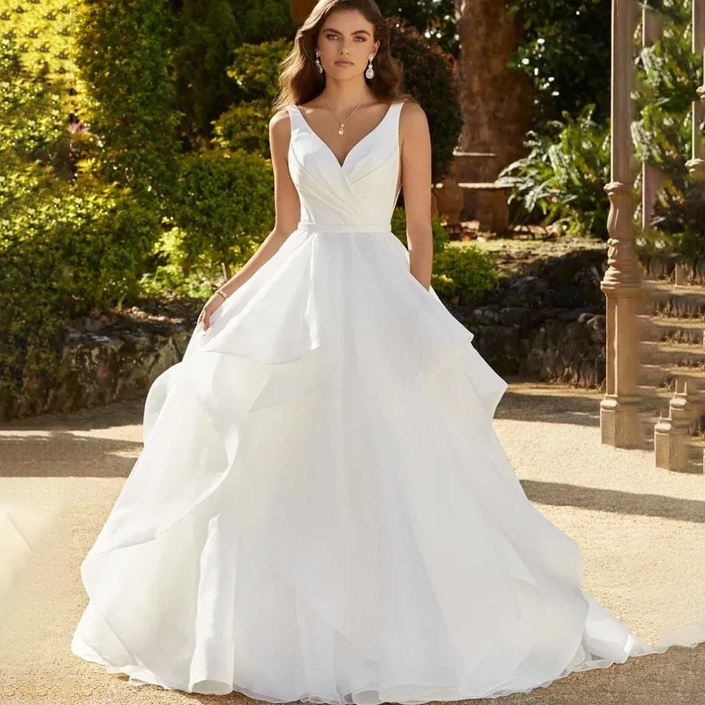 Stunningbride 2024 Elegant Ruffles Wedding Dresses For Women Organza V-Neck Backless Simple A-e Sleeveless Boho Princess Bridal Gowns