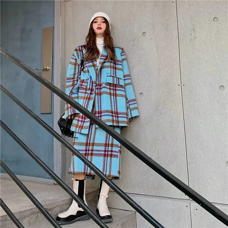 Plaid Tweed Set Casual Blazer Vintage Thicken Suits Jacket High Waist Split Skirt Tops Two Pieces Sets Women Outfits Office Wear 240124
