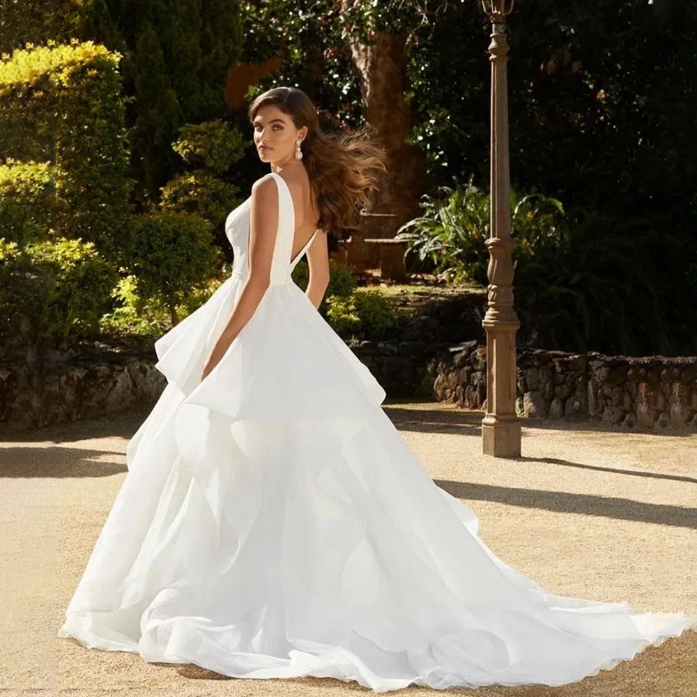 Stunningbride 2024 Elegant Ruffles Wedding Dresses For Women Organza V-Neck Backless Simple A-e Sleeveless Boho Princess Bridal Gowns