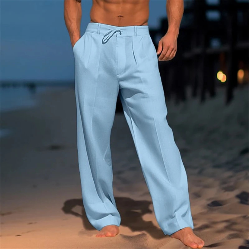 Oldyanup Men Vintage Linen Pants Spring Summer Fashion Casual Solid Color Loose Straight Trousers Holiday Beach pants 240123