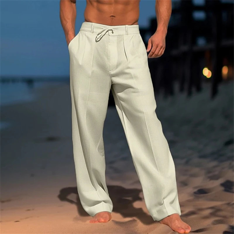 Oldyanup Men Vintage Linen Pants Spring Summer Fashion Casual Solid Color Loose Straight Trousers Holiday Beach pants 240123