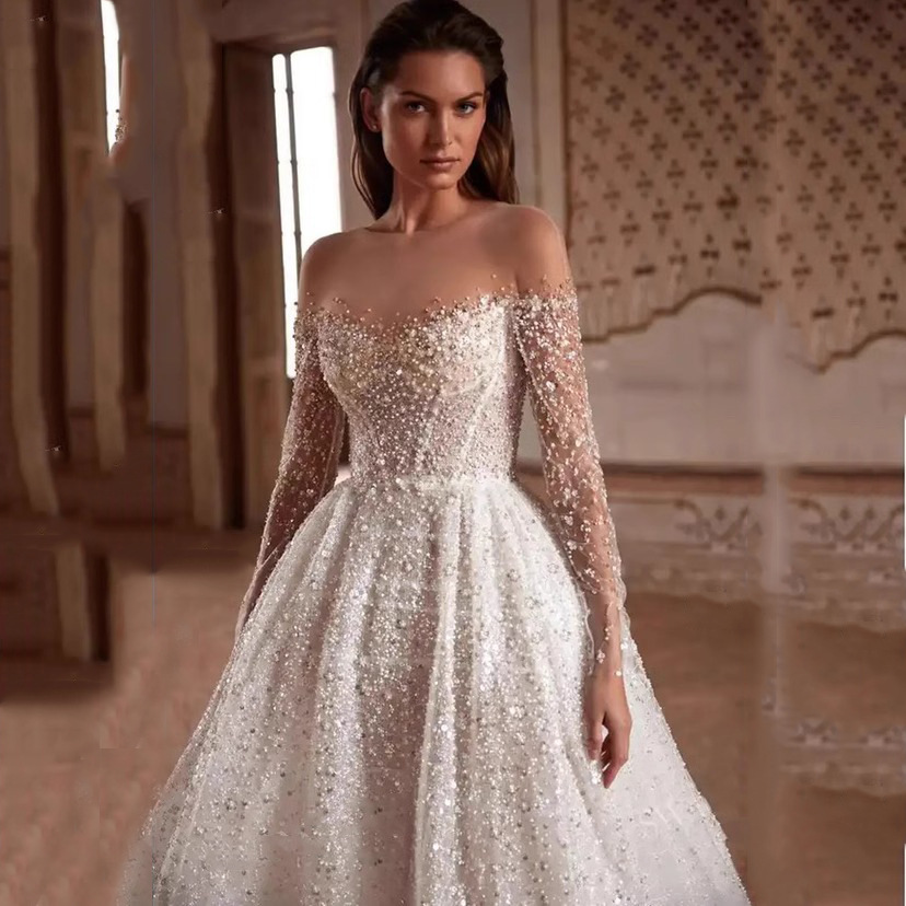 New Arrival A-line Bride Wedding Dress 2024 Sheer Neck Long Illusion Sleeves Embroidery Beads Tulle Bridal Gowns Vestidos Noiva Robe De Mariee