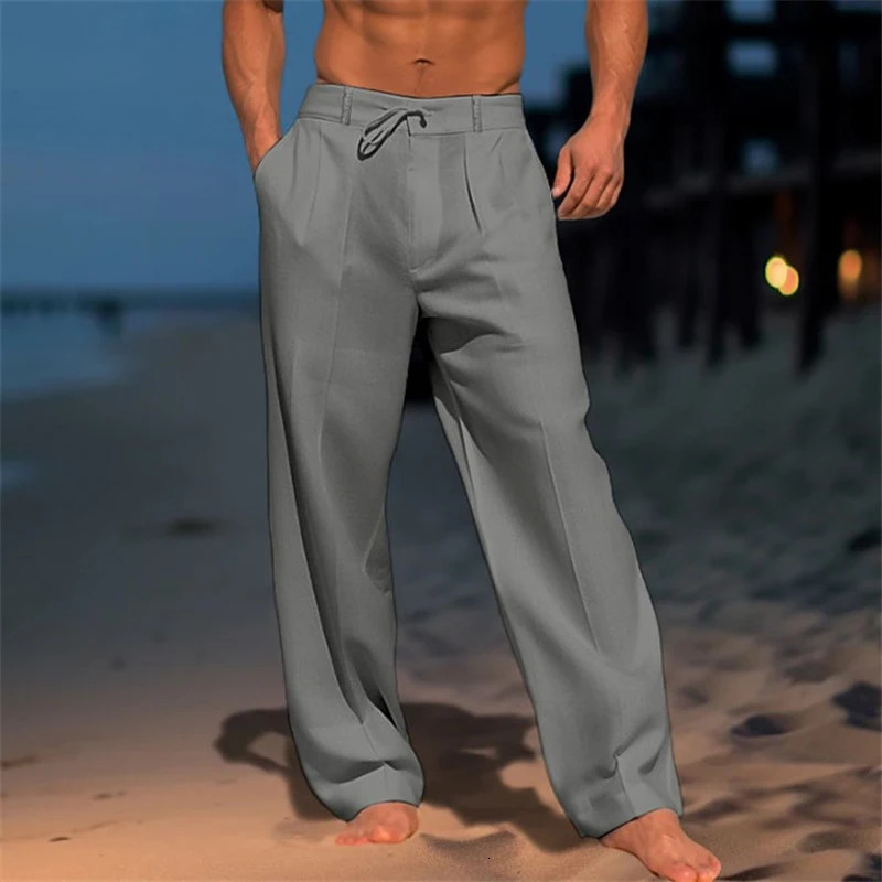 Oldyanup Men Vintage Linen Pants Spring Summer Fashion Casual Solid Color Loose Straight Trousers Holiday Beach pants 240123