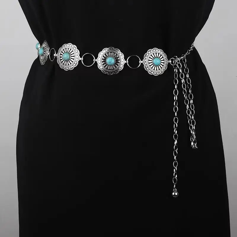 Western Concho Chain Belt For Women Girl Bohemia Silvertone Oval Link Belts Metal Waistband With Buckle For Cowgirl Dress Jeans 240119