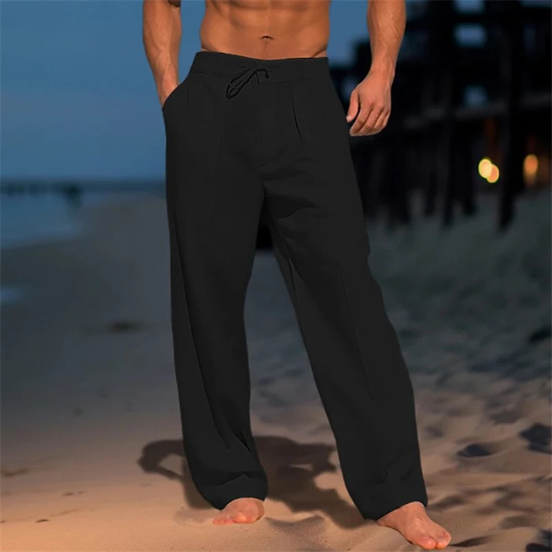 Oldyanup Men Vintage Linen Pants Spring Summer Fashion Casual Solid Color Loose Straight Trousers Holiday Beach pants 240123