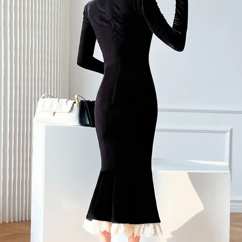 French Style Temperament Women's High-Grade Black Dress Hepburn Style Black Turtleneck Dress for Women Autumn Korean 240126