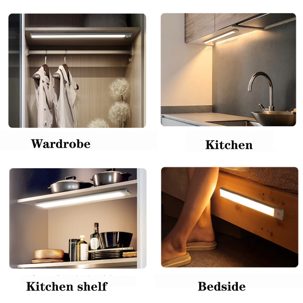 PIR Motion Sensor LED Under Cabinet Lamp Rechargeable Night Light Stairs Closet Room Aisle Tube Bar Detector Bulb