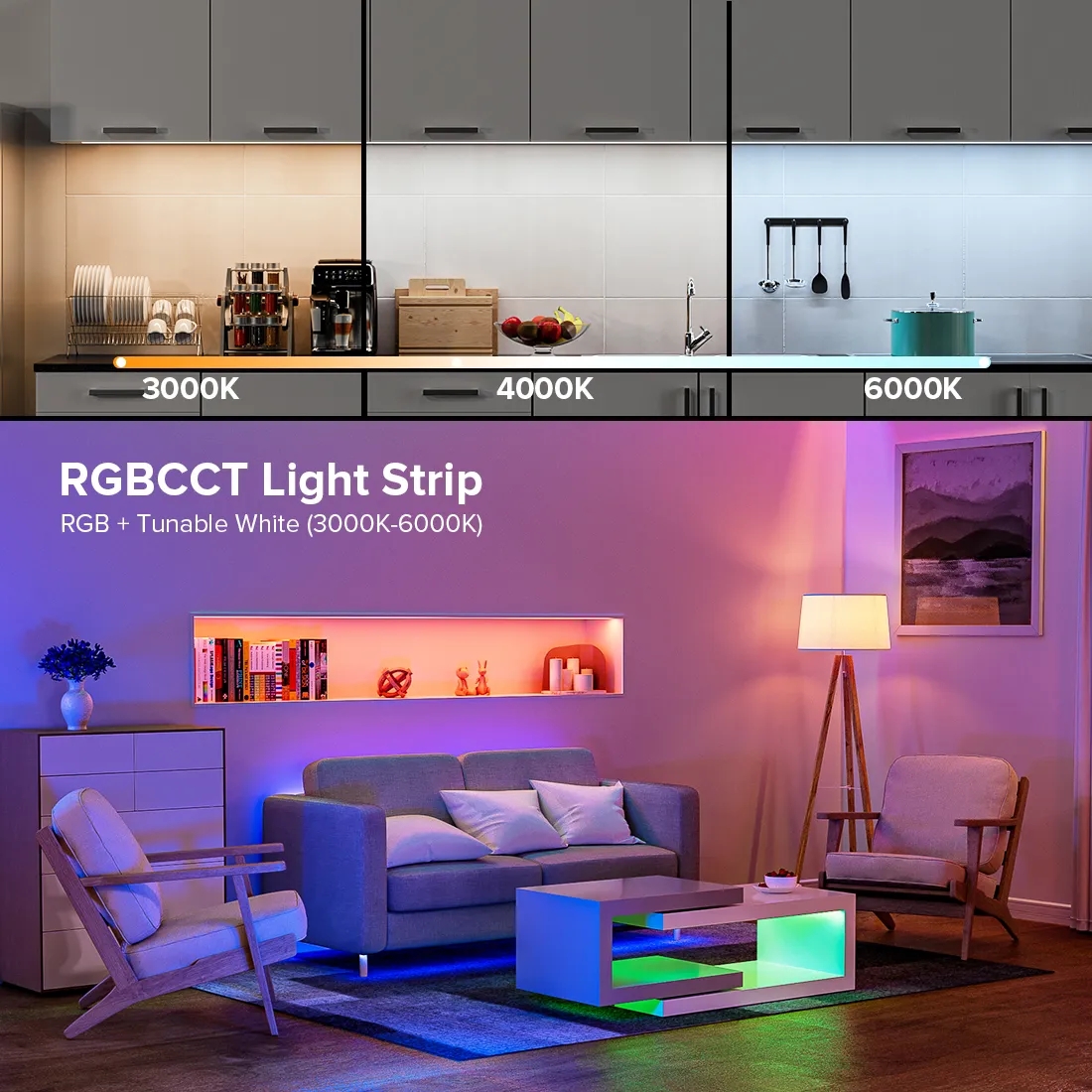 FCOB COB Color Changing RGBCCT Flexible High Density LED Strip Light RGB+Tunable Color Temperature 3000K-6000K 16.4FT 840LEDs DC24V 12mm Width for Dec