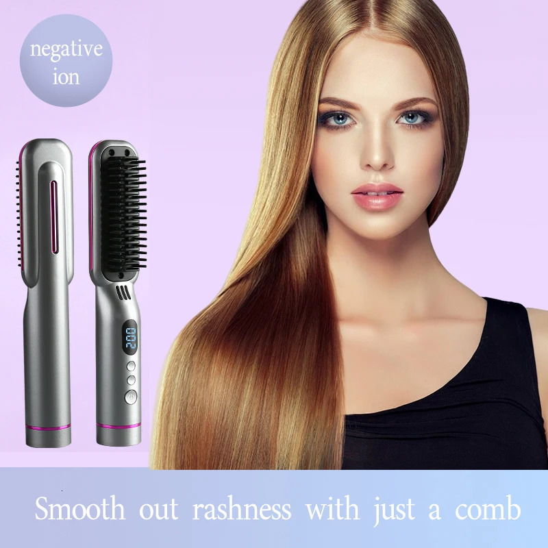 4000mAh Wireless Straightener Comb with LED Display Smoothing Brush Styling Appliance Hair Crimper free shipping