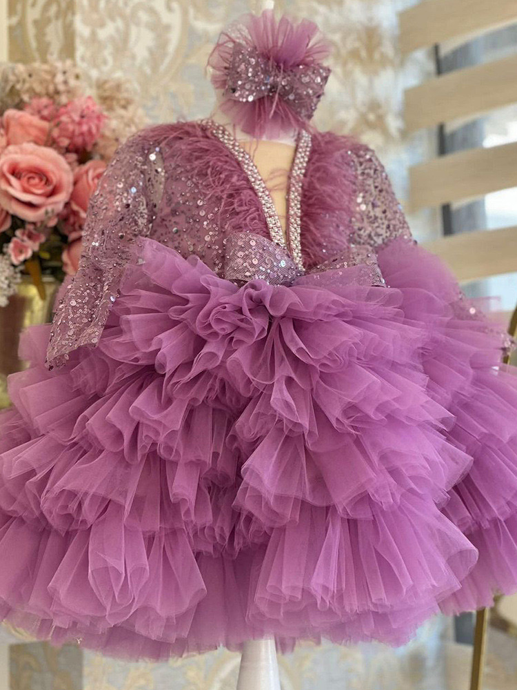 Lovely Feather Sequined Girls Pageant Dresses New Long Sleeves Crystals Beaded Tutu Appliques Tiered Skirts Red Flower Girl Dress Custom Made Kids For