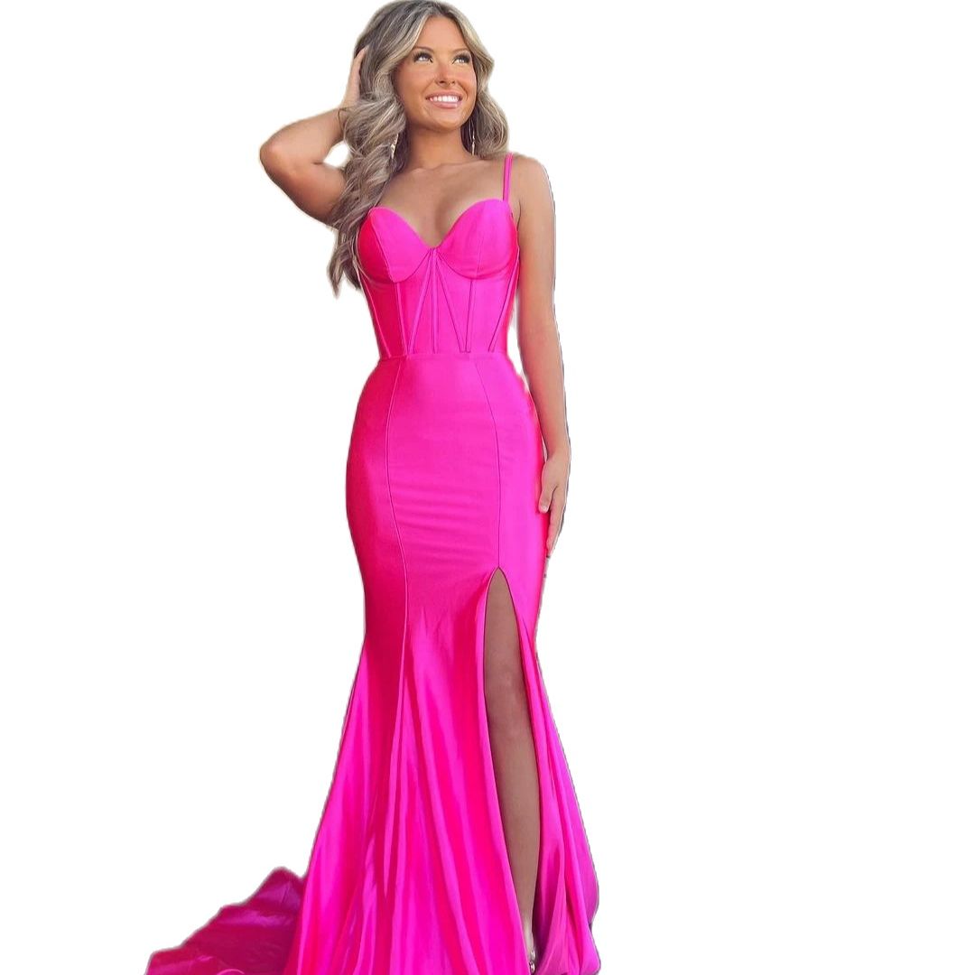 Hot Pink Formal Evening Dress Sexy Spaghetti Straps Satin Runway Prom Party Mermaid Gowns Lace Up Robe de Soiree