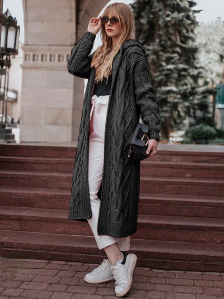 Knit Long Loose Cardigan Female Autumn Sweater 2023 Solid Color Hooded Sleeves Winter Twist High Street 240126
