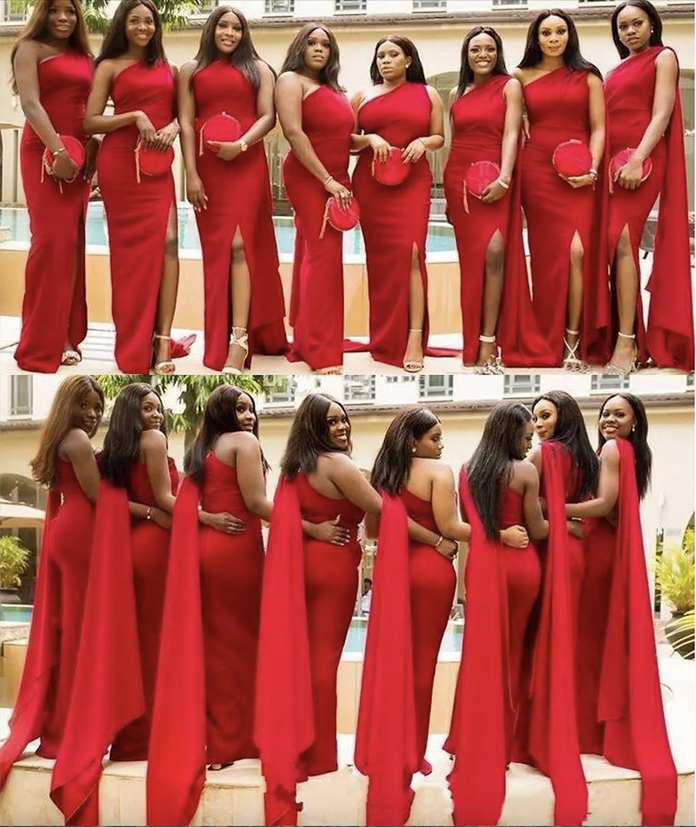 2024 Cheap Arabic Red Mermaid Bridesmaid Dresses One Shoulder Side Split Floor Length Long Wedding Guest Dress Formal Maid of Honor Gowns