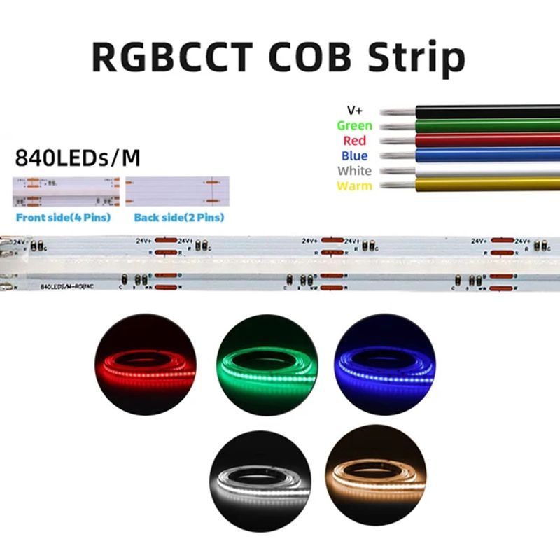FCOB COB Color Changing RGBCCT Flexible High Density LED Strip Light RGB+Tunable Color Temperature 3000K-6000K 16.4FT 840LEDs DC24V 12mm Width for Dec