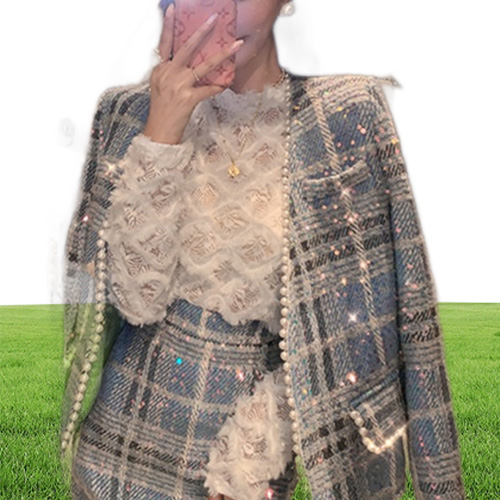 Runway Fall Winter Beaded Diamonds Plaid Woolen Female Tweed Jacket Coat Elegant Skirt Women Clothes 2 Pieces Set Suit 220817