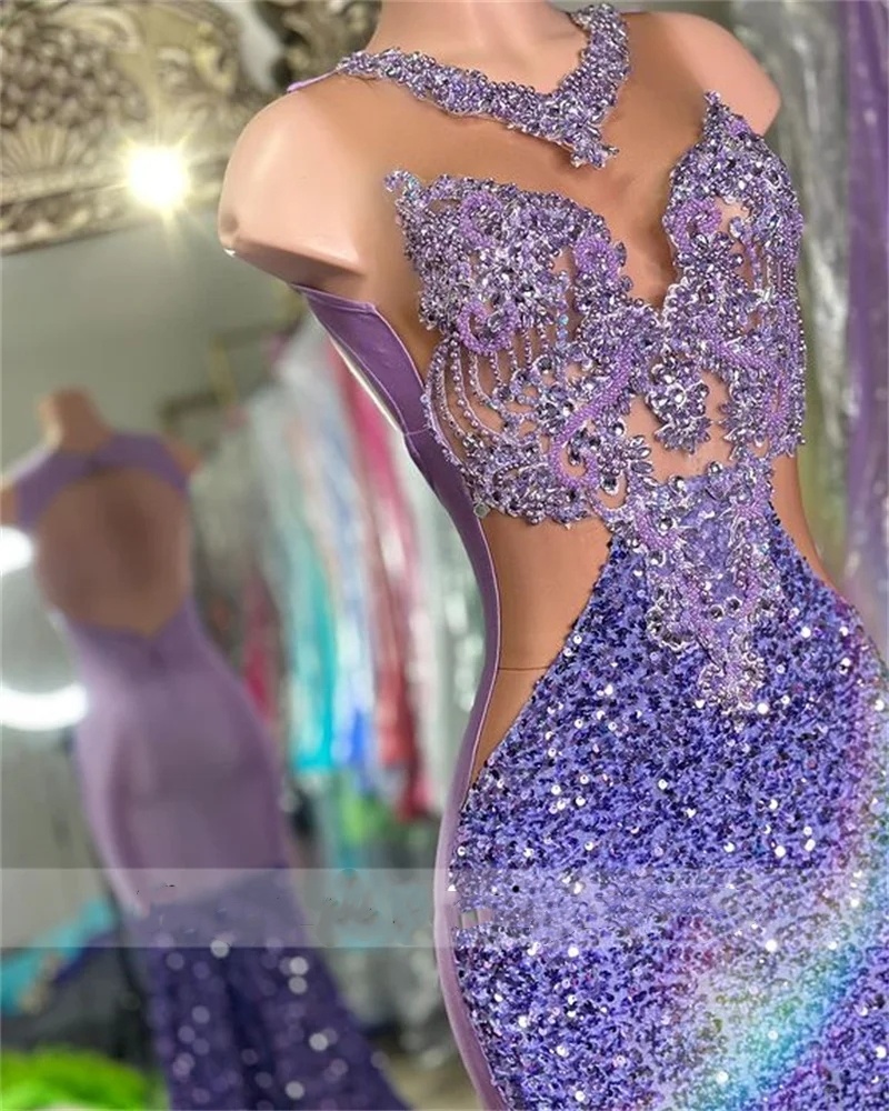 Dazzg Lilac Dias Sequins Mermaid Prom Dress 2024 For Black Girls Crystal Bead Rhies Gown Birthday Party Gowns 0218