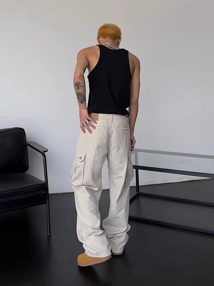 Cargo Pants Men High Street Retro Casual Large Pocket Overalls High Waist Loose Straight Tube Draped Wide Leg Pants For Women 240126