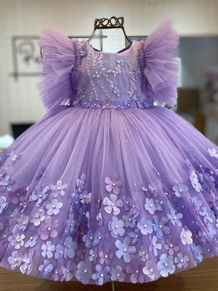 2024 Ful Purple Ball Gown Wer Girl Dresses For Wedding New Pearls Beaded Wers Tulle Toddler Pageant Gowns Handmade Baby First Holy Communion Dress 666