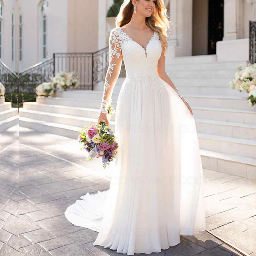 Stunningbride 2024 V Neck Long Sleeves Chiffon Beach Wedding Dresses Open Back White Lace Appliques A-e Party Bridal Gowns Custom Made