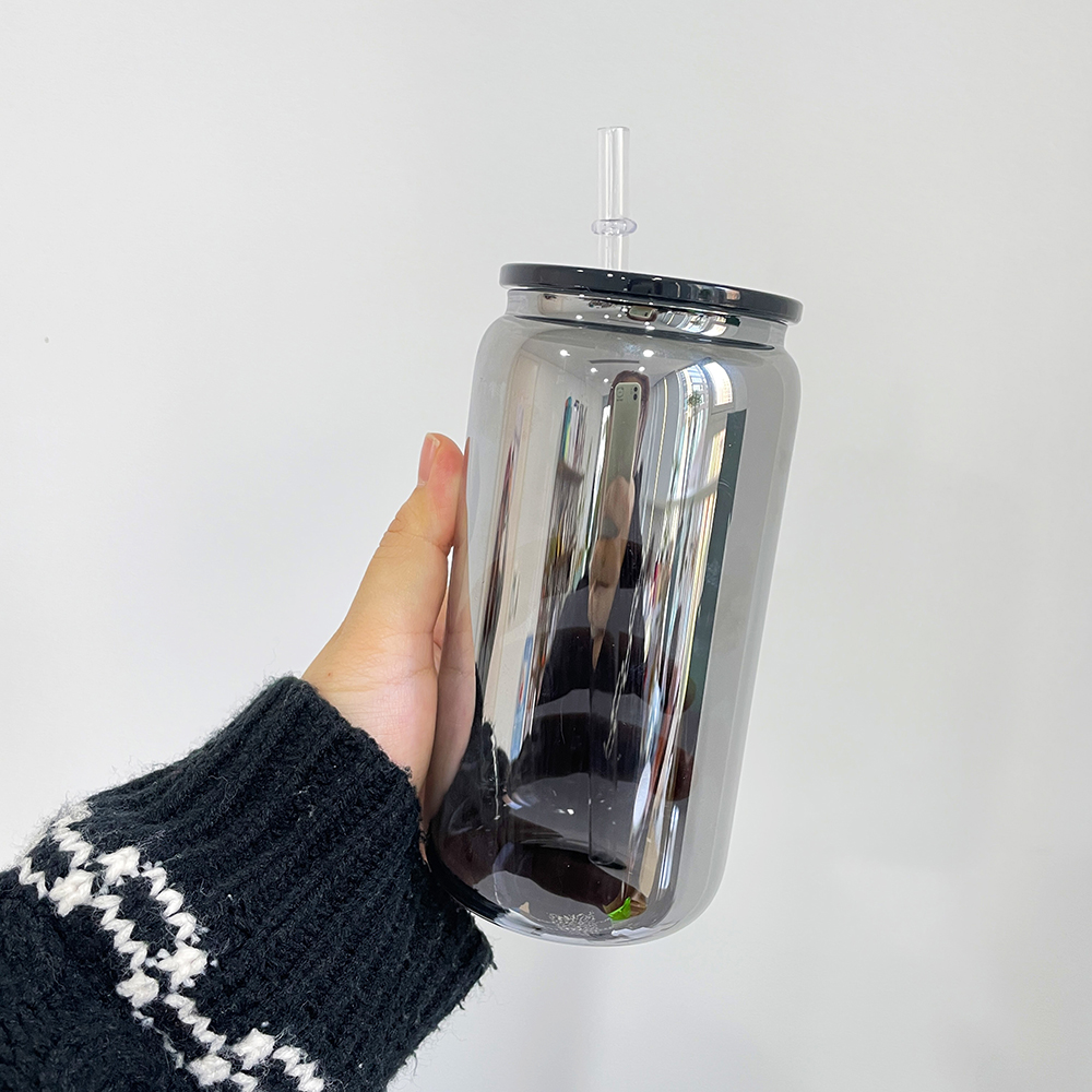 Recyclable high borosilicate glass BPA Free middle night metal mirror black plated 16 OZ beer soda Can Tumbler Glasses with plastic lids and straw for