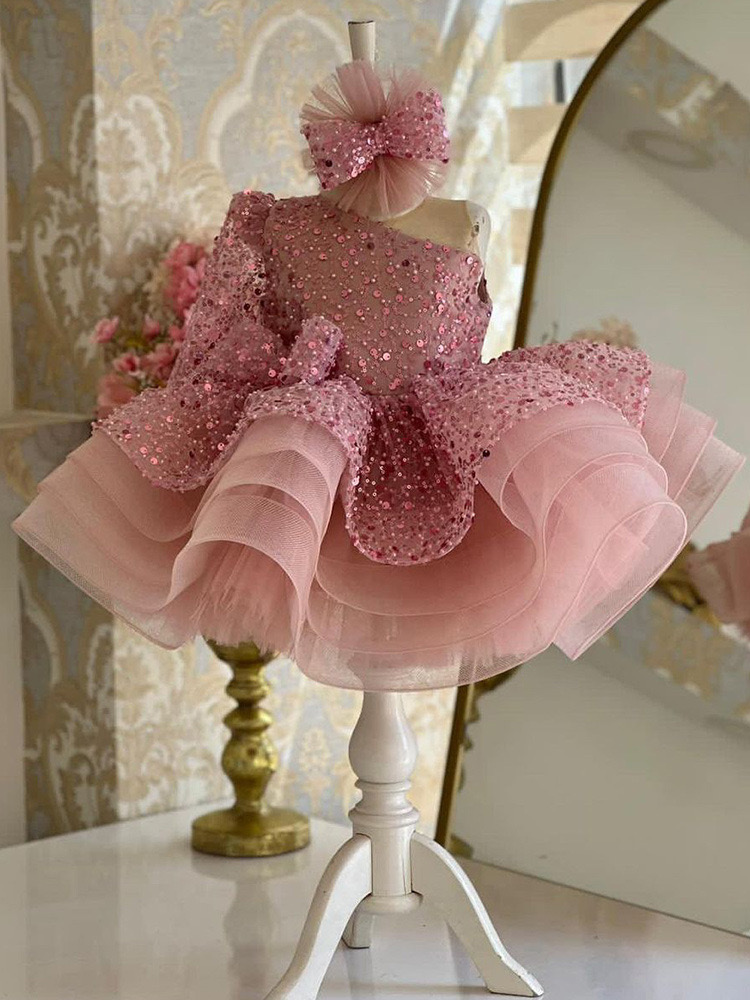 Pink White Shiny Flower One Shoulder Long Sleeve Sequined Big Bling Bowtie Ruffles Tulle Puff Birthday Party Dresses Gowns Pageant Dress For Girl 403