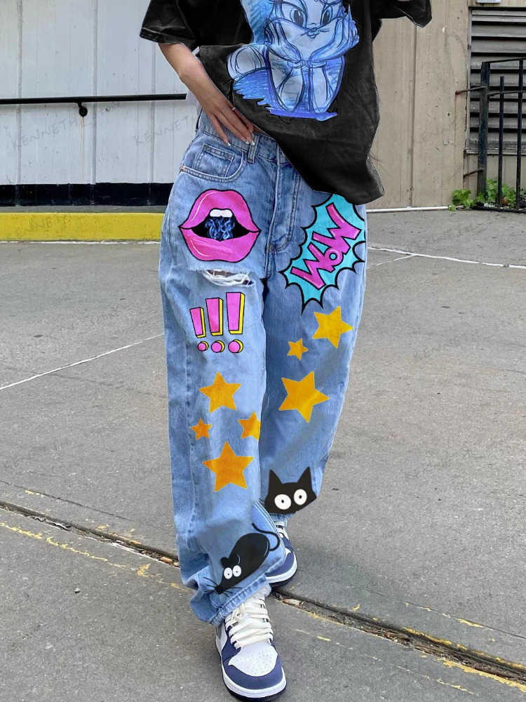 Women's Jeans Vintage Graphic Print Ripped Boyfriend Jeans for Women Low Waist Baggy Pants y2k Streetwear Woman Long Denim Trousers 2023 T24