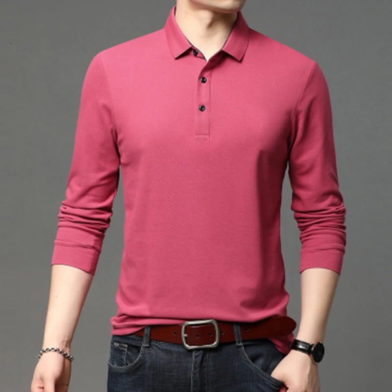 Polo Shirt Men Business Casual Solid Color Polo Shirts Mens Long Sleeve Breathable Slim Turn Down Collar Polo Tees Tops Men 240125
