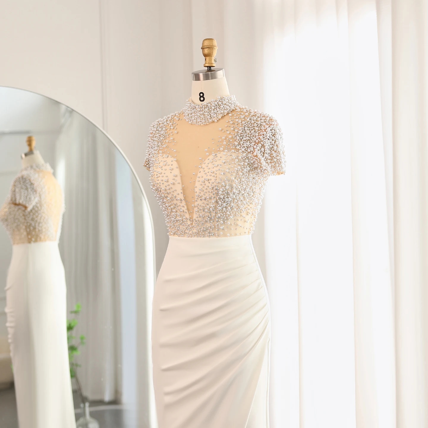 Elegant 2024 Evening Formal Dress High Neck Beaded Pearls Short Sleevevs Women Soft Satin Prom Party Gowns Birthday Wear Arabic Dubai Robe De Soiree